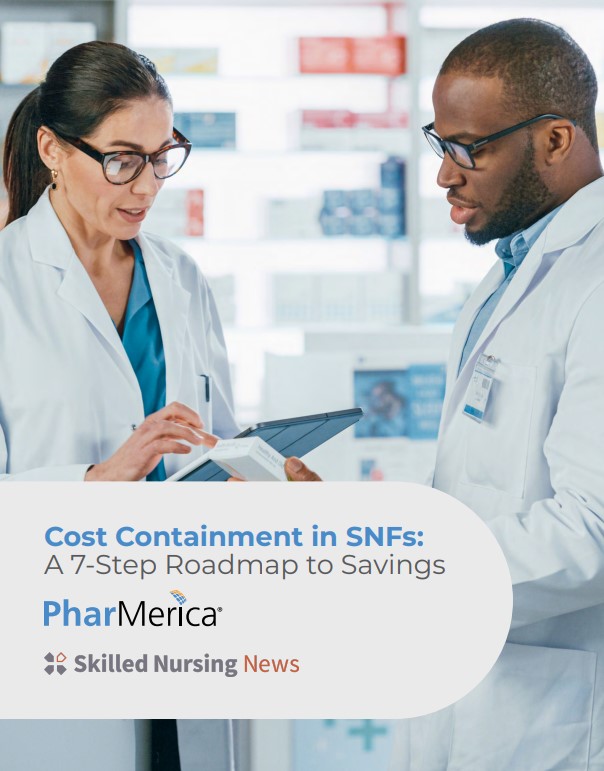 female and male health care providers on cover of cost containment white paper for SNFs