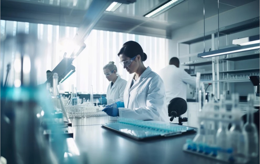 female scientist working at a lab bench