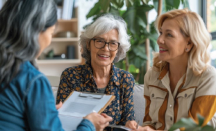 three women consulting with one another over a clipboard