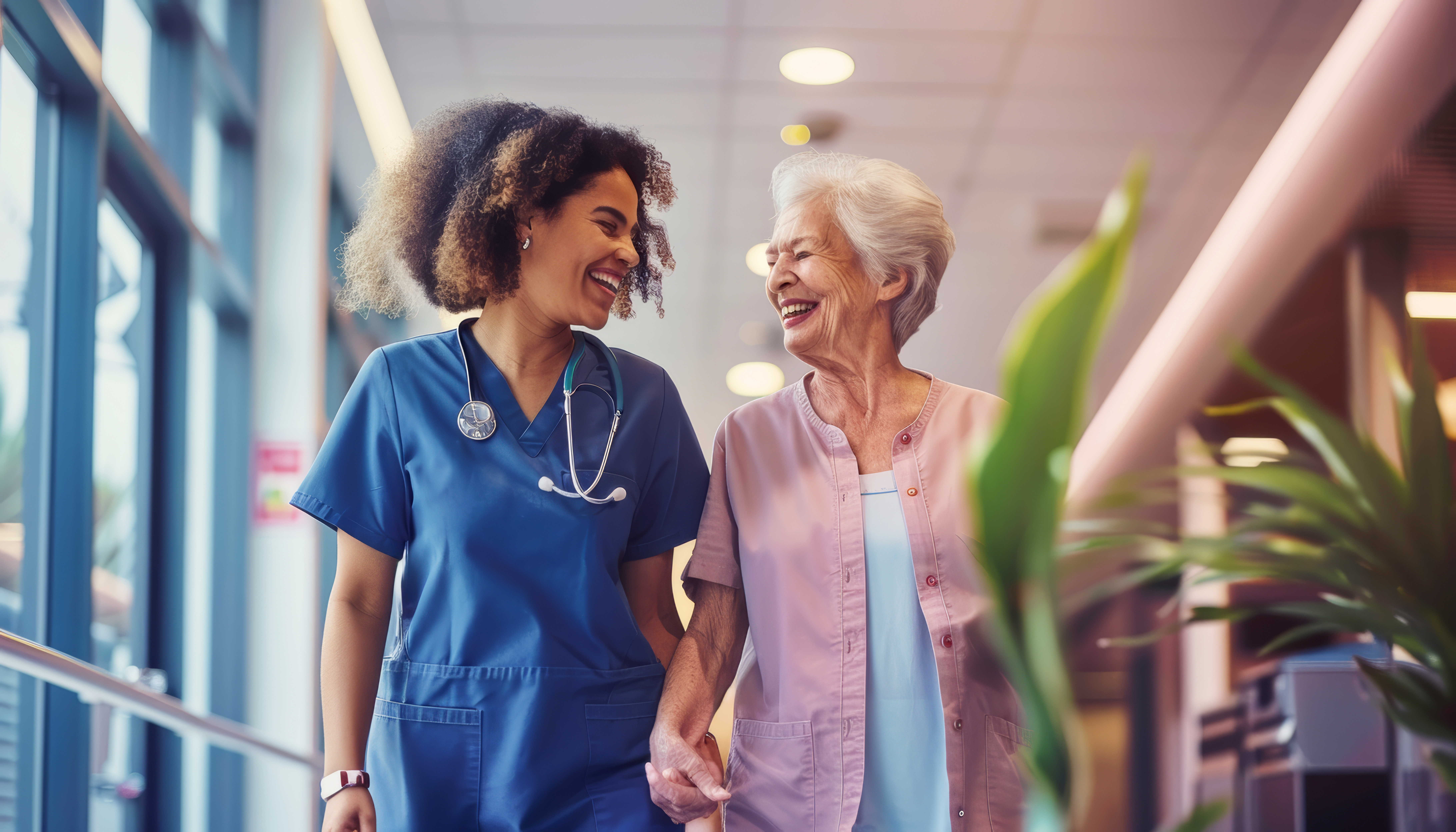 senior and nurse walking