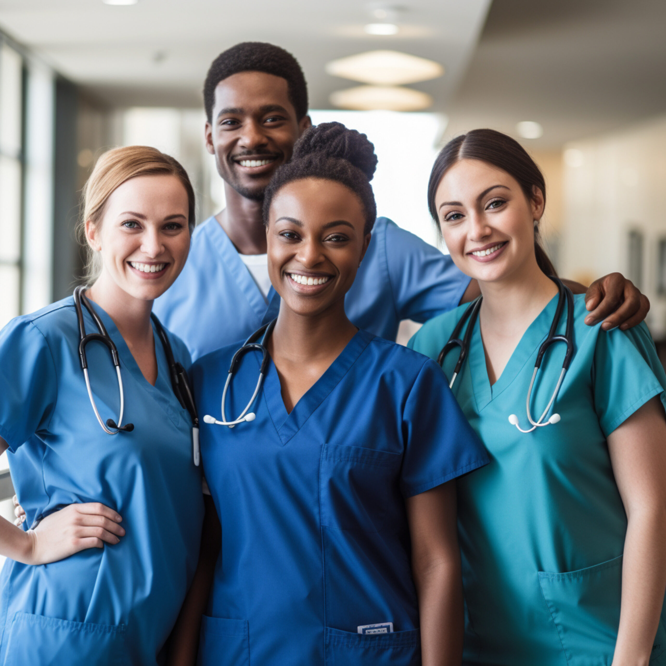 group of smiling health care providers in scrubs