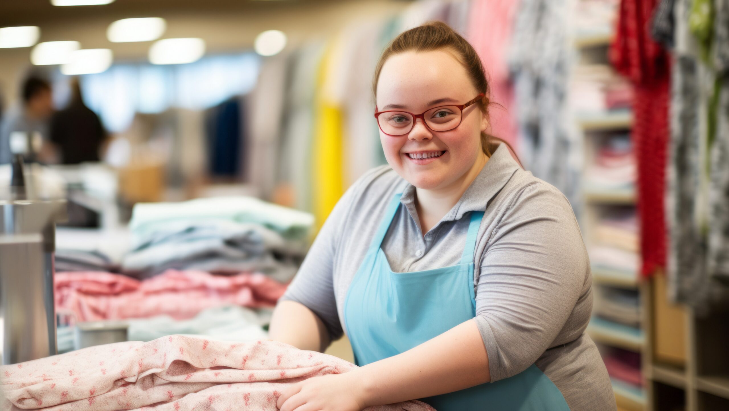 woman with Down syndrome at a textile shop.